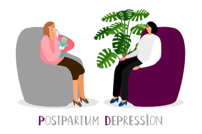 Postpartum depression. Vector crying mother with newborn. Psychoterapy