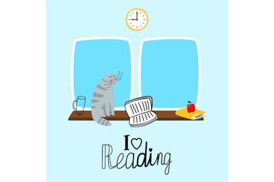 Reading vector concept with cute cat and books