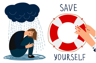 Save yourself vector concept. Depressed girl and lifebuoy illustration