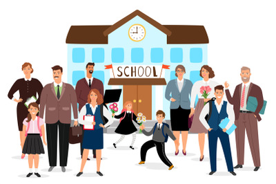 School building&2C; teachers and students vector illustration