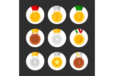 Set of medals vector icons. Golden, silver, bronze awards