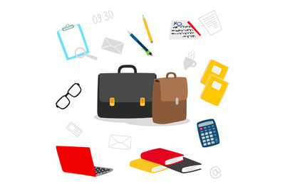 Suitcase, stationery, books, notepad vector icons. Contents of the tea