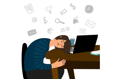 Tired girl fell asleep at the office table vector concept