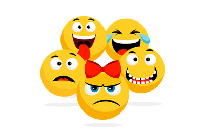 Yellow faces emoticons vector illustration. Happy, smile and angry emo