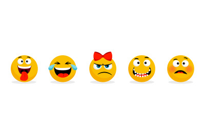 Yellow faces emoticons. Vector cartoon funny smileys faces, cartoon em