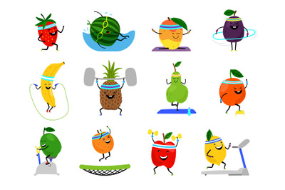 Sport fruits characters. Funny fruit foods on sport exercises, vector