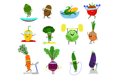 Vegetables sports characters. Funny wellness vegetable food set with l