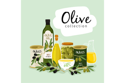 Olives and olive oil. Natural olives oils, glass and metallic cans, ol