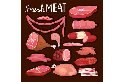 Sausages illustration. Fresh meat and boiled sausage, salami and chick