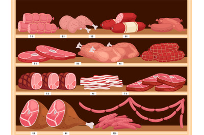 Meat on shelves. Fresh sausages, vector pork ham and assorted raw beef