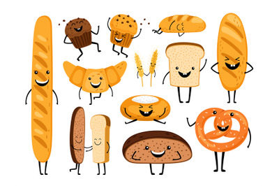 Bread characters. Funny tasty bakery pastries, cartoon happy breads fa