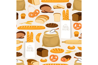 Bakery bread seamless pattern. Cartoon breads products and pastries, e