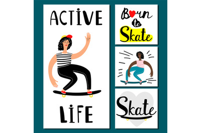 Active life girl vector banners. Teenage skateboarding illustration