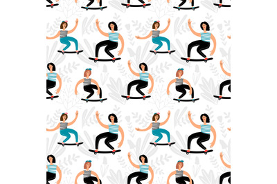 Women skateboarding pattern. Young skateboarder on longboard seamless