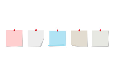 Sticky notes vector collection. Colorful sticky paper with red pin iso