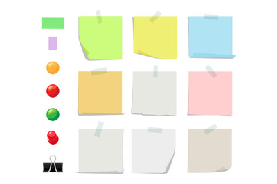 Sticky notes vector collection. Sticky paper sheets, color pins and ta