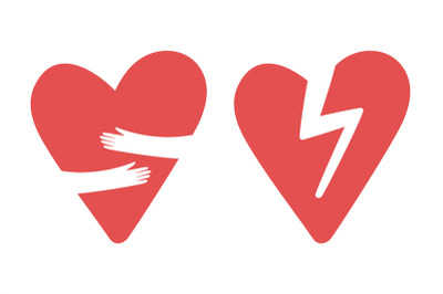 Broken and hugging hearts vector icons. Love yourself, divorce, heart