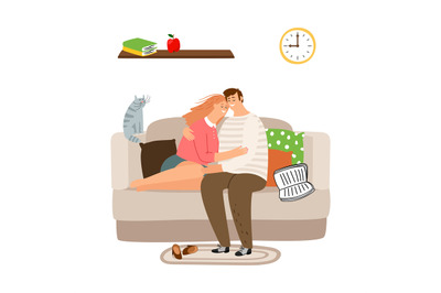 Couple in love on sofa vector illustration. Calm evening together conc