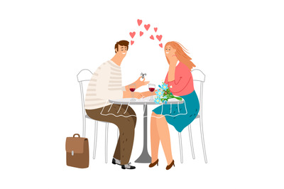 Cute couple in love in cafe. Love dating vector illustration. Man make