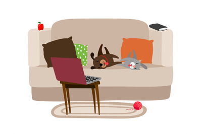 Happy pets relaxing on the couch and watching TV vector illustration