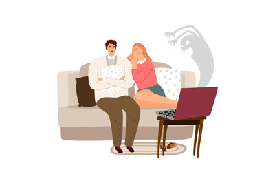 Scared man and woman watching horror movie vector illustration