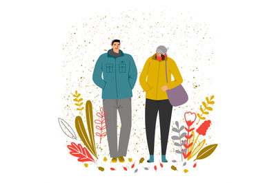 Autumn time vector illustration. Man and woman characters, autumn mood