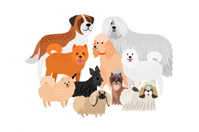 Cartoon character loing hair big and small dogs. Vector pets isolated