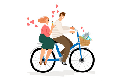 Couple in love riding bicycle vector illustration. Cartoon characters