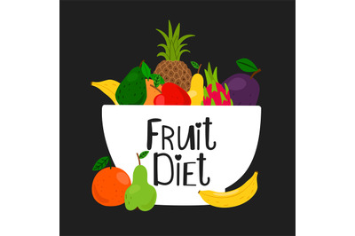 Bowl with fruits isolated on black background. Vector fruits illustrat