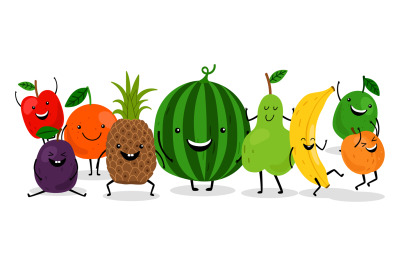 Cute kawaii fruits characters vector set. Happy fruits illustration