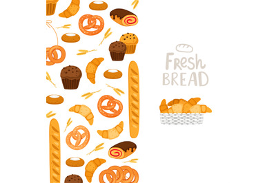 Bakery banner template. Vector pastry, fresh bread, muffins illustrati