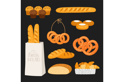 Fresh bread and pastry isolated onblack background. Vector bakery shop