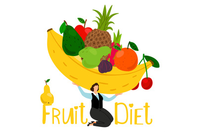 Fruit diet vector composition. Girl holding fruit illustration