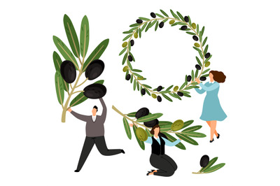 People hold olive branches and olive wreath vector collection