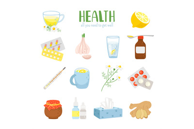 Cold remedy icons set