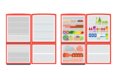 Empty and full fridge. Vector red refrigerator with food isolated on w