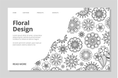 Floral landing page. Vector hand drawn line flowers web banner