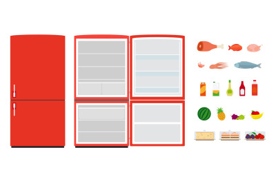 Red flat fridges. Close and open empty refrigerator. Vector food icons