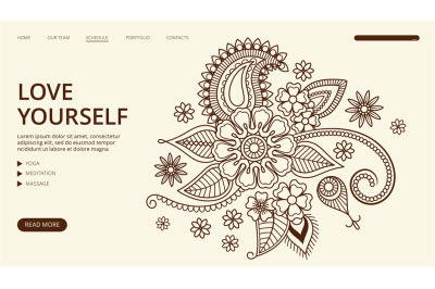 Yoga center landing page. Vector floral ornament web banner. Love your