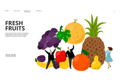 Fresh fruits web page. Tiny people, pineapple, bananas, plump, grapes