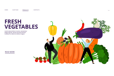 Fresh vegetables landing page. Vector people, pumpkin, pepper, olives,