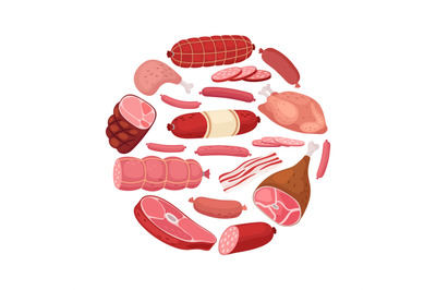 Round meat banner. Vector chicken, salami, sausage and fresh meat isol