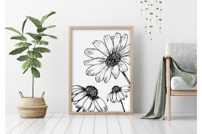 Botanical Print of big flowers, Sketched flowers, minimalist art