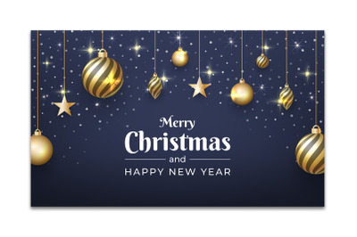 Merry Christmas and New Year design with sparkling gold ornaments