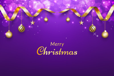 Purple christmas background with gold ribbon, glitter bokeh effects an