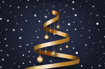 Christmas background with tree made of golden ribbon and snow. vector