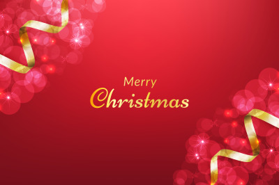 Red christmas background with ribbon and glowing bokeh effect. vector