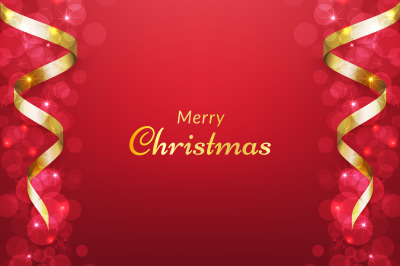 Red christmas background with ribbon and glowing bokeh effect. vector