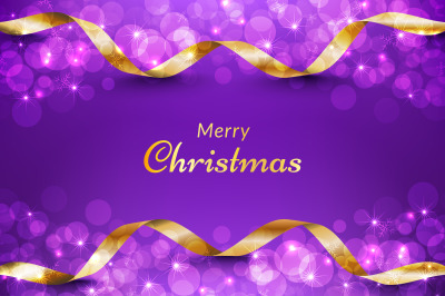 Purple christmas background with gold ribbon and glitter bokeh effect.