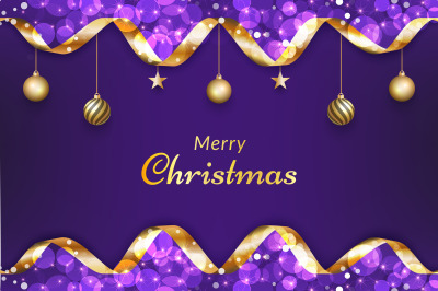 Purple christmas background with gold ribbon&2C; glitter bokeh effects an